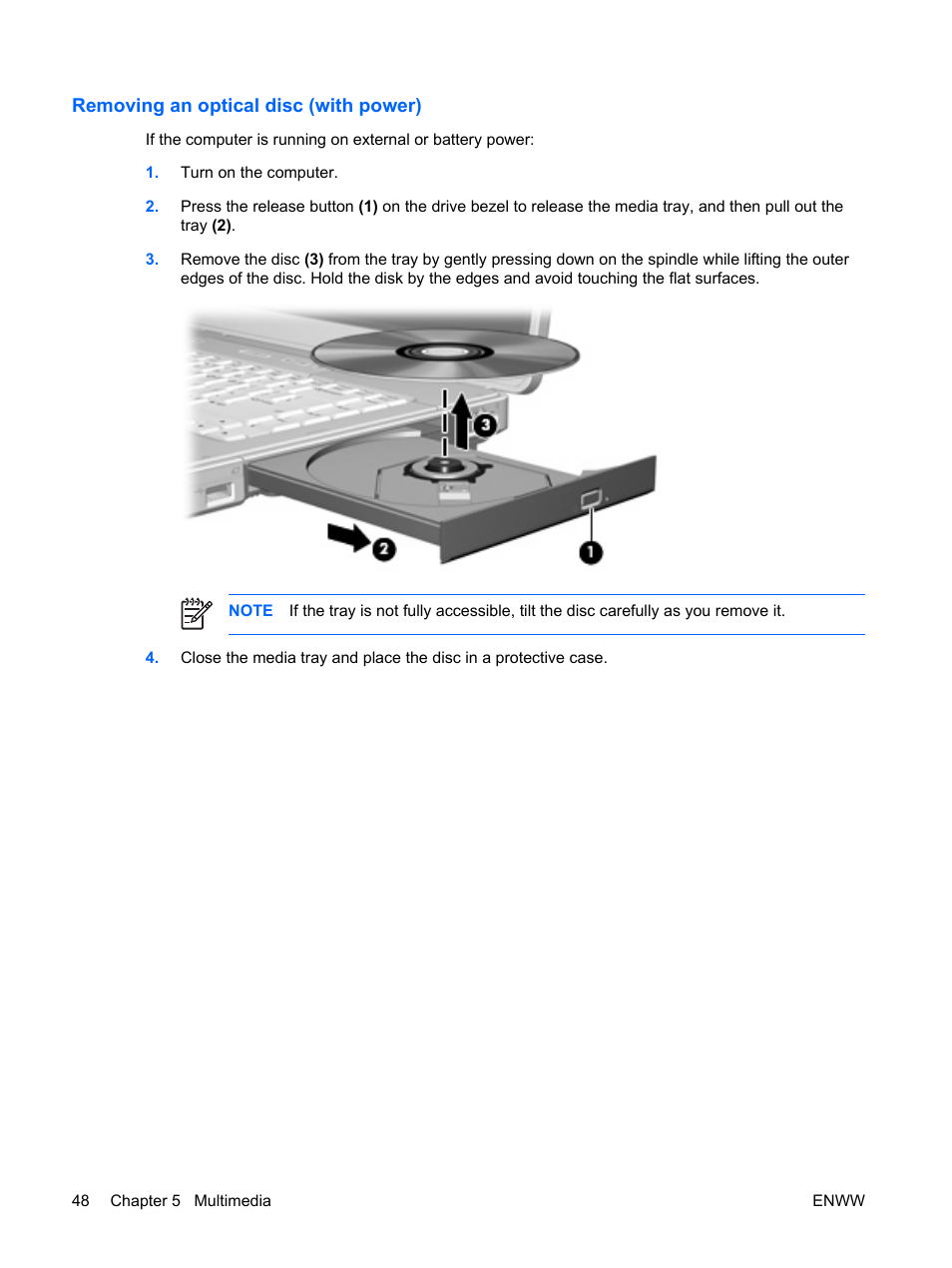 Removing an optical disc (with power) | HP Compaq Presario C542EA Notebook PC User Manual | Page 54 / 73