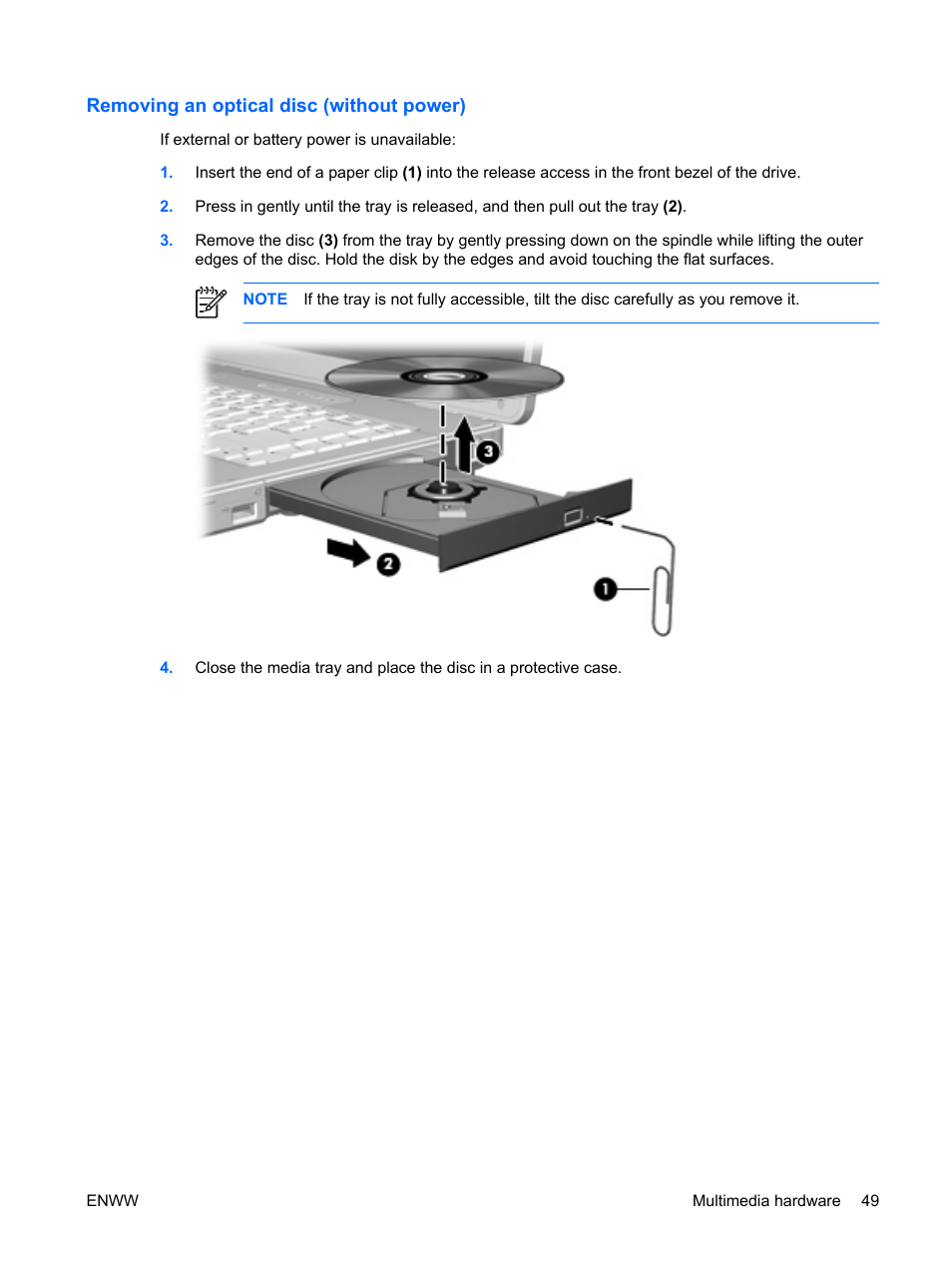 Removing an optical disc (without power) | HP Compaq Presario C542EA Notebook PC User Manual | Page 55 / 73