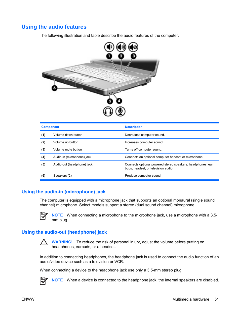 Using the audio features, Using the audio-in (microphone) jack, Using the audio-out (headphone) jack | HP Compaq Presario C542EA Notebook PC User Manual | Page 57 / 73