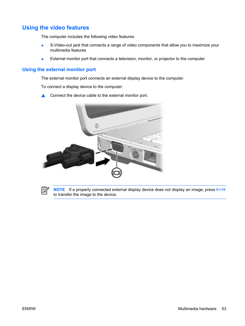 Using the video features, Using the external monitor port | HP Compaq Presario C542EA Notebook PC User Manual | Page 59 / 73