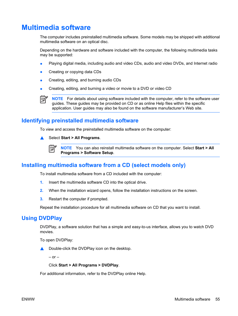 Multimedia software, Identifying preinstalled multimedia software, Using dvdplay | HP Compaq Presario C542EA Notebook PC User Manual | Page 61 / 73