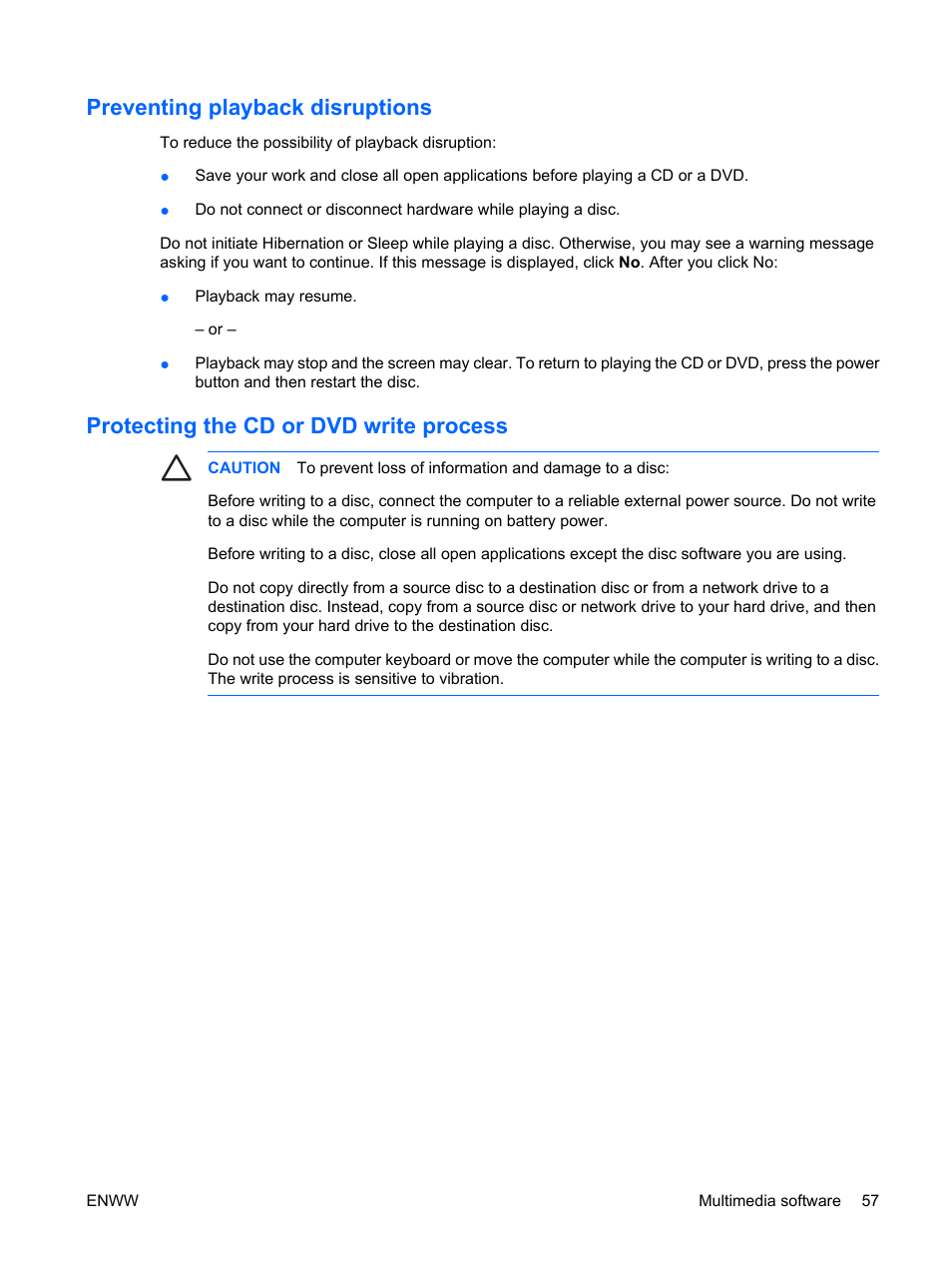 Preventing playback disruptions, Protecting the cd or dvd write process | HP Compaq Presario C542EA Notebook PC User Manual | Page 63 / 73