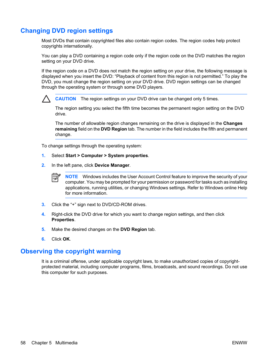 Changing dvd region settings, Observing the copyright warning | HP Compaq Presario C542EA Notebook PC User Manual | Page 64 / 73