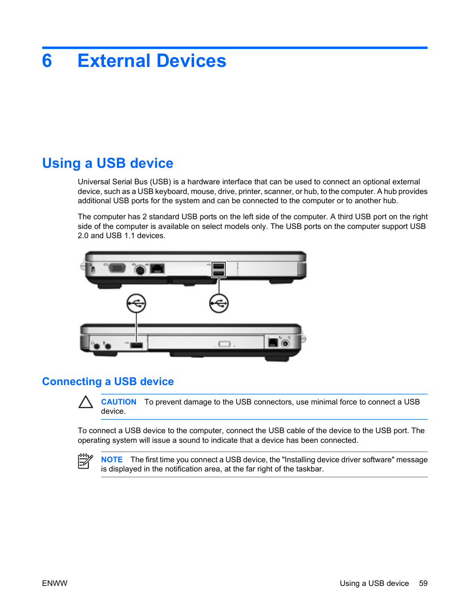 External devices, Using a usb device, Connecting a usb device | 6 external devices, 6external devices | HP Compaq Presario C542EA Notebook PC User Manual | Page 65 / 73