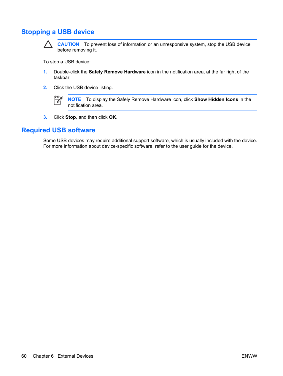 Stopping a usb device, Required usb software, Stopping a usb device required usb software | HP Compaq Presario C542EA Notebook PC User Manual | Page 66 / 73