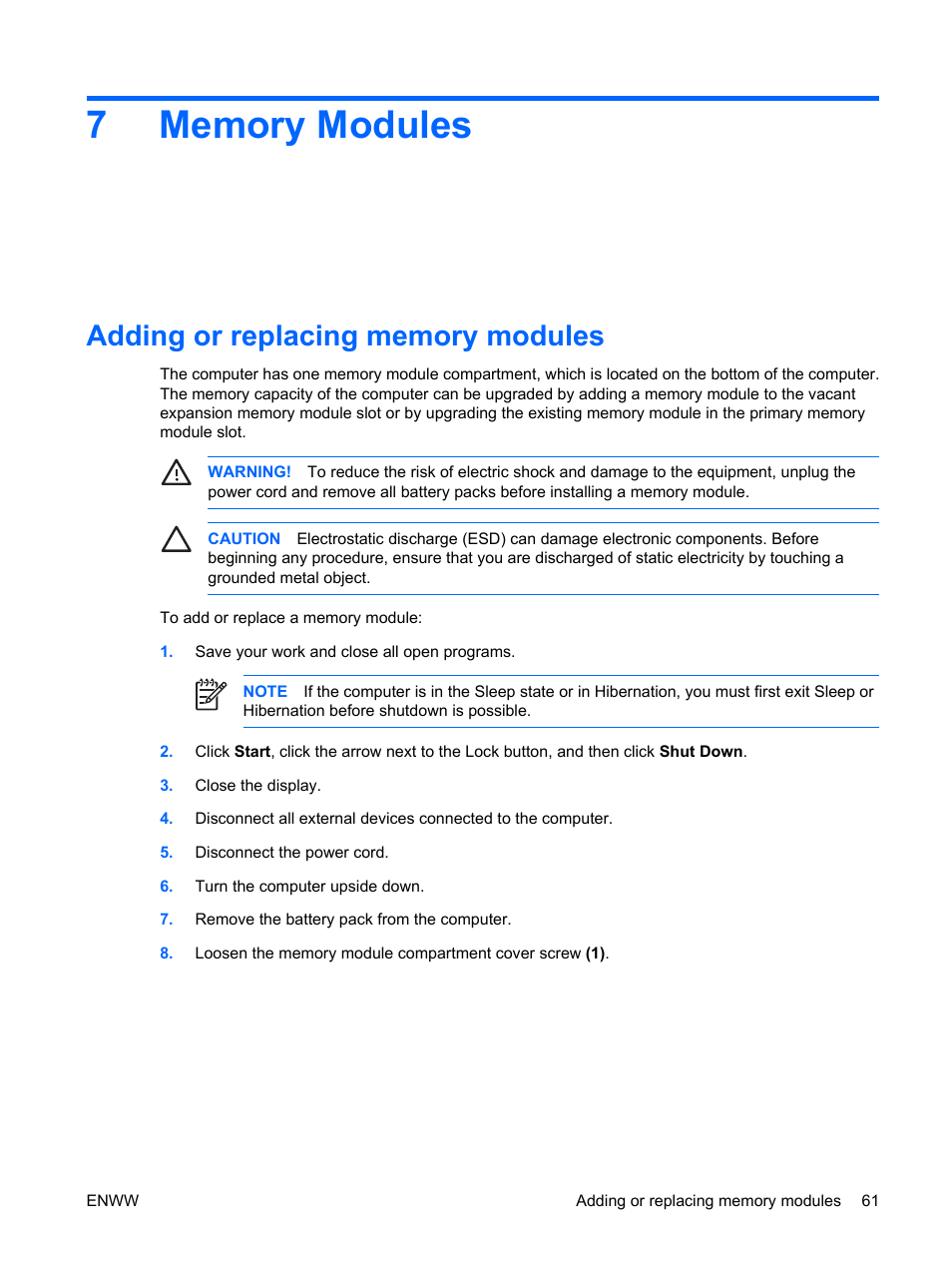 Memory modules, Adding or replacing memory modules, 7 memory modules | HP Compaq Presario C542EA Notebook PC User Manual | Page 67 / 73