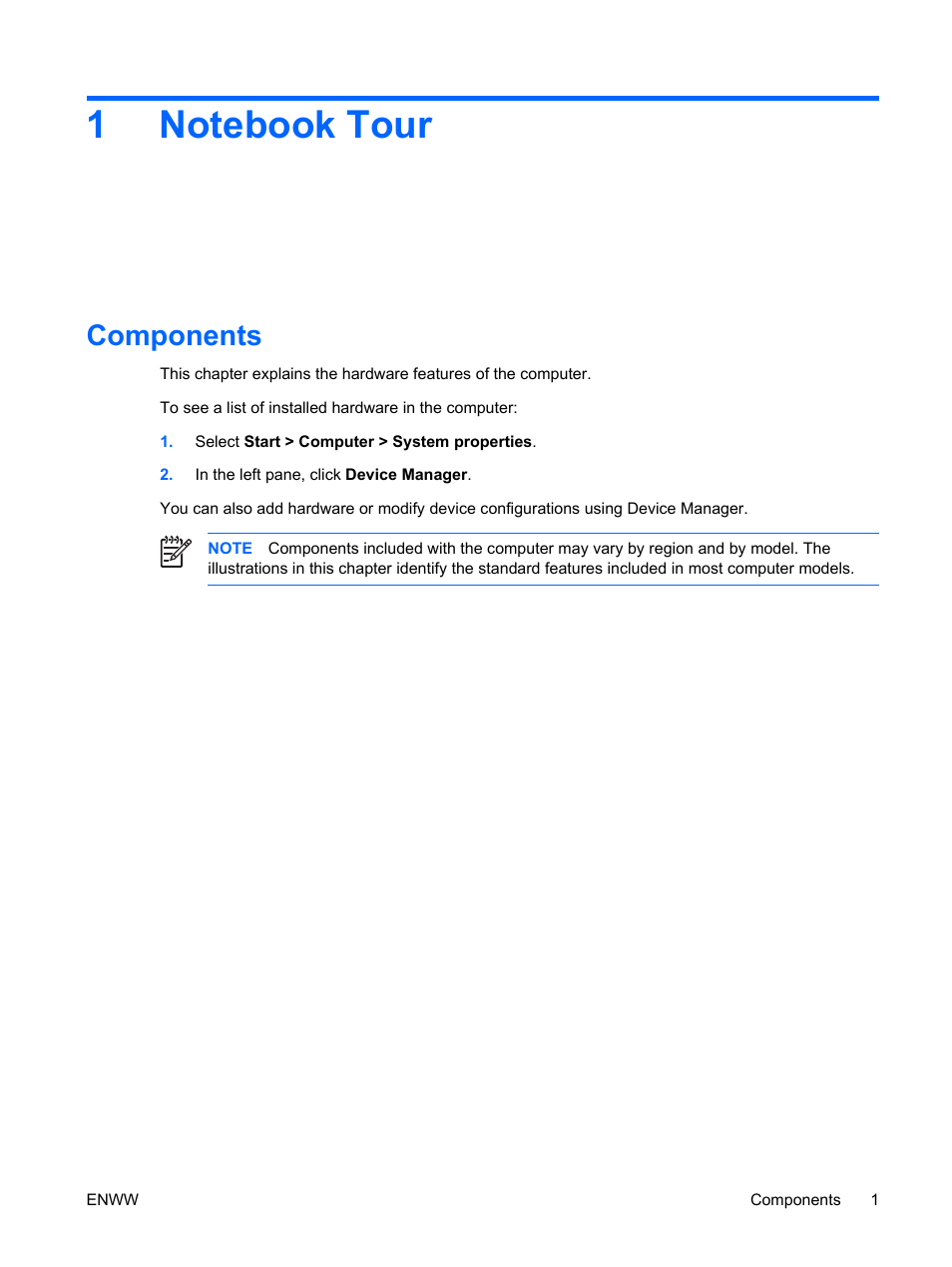 Notebook tour, Components, 1 notebook tour | HP Compaq Presario C542EA Notebook PC User Manual | Page 7 / 73