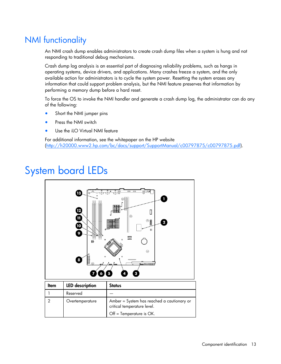 Nmi functionality, System board leds, Switch | Functionality | HP ProLiant DL320s Server User Manual | Page 13 / 100