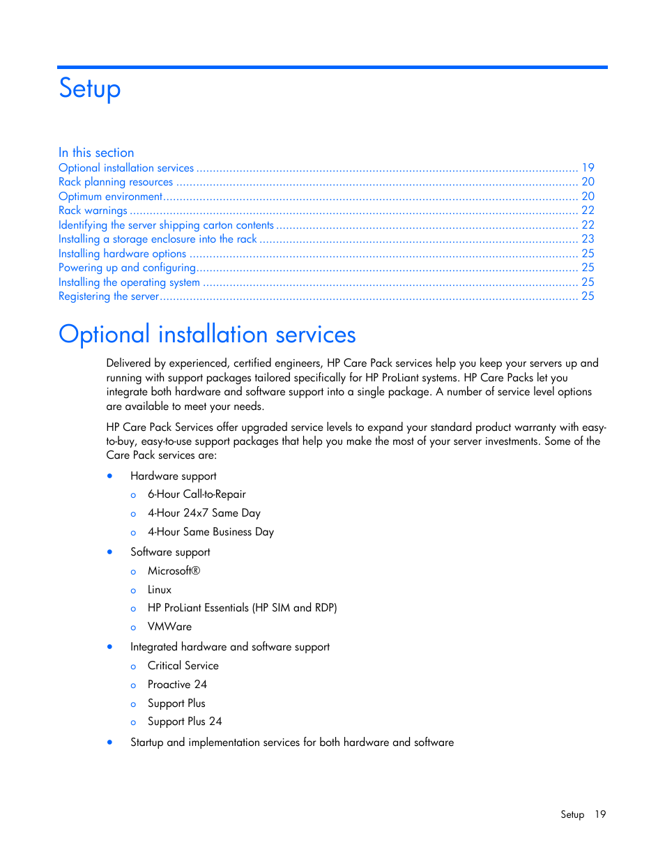Setup, Optional installation services | HP ProLiant DL320s Server User Manual | Page 19 / 100