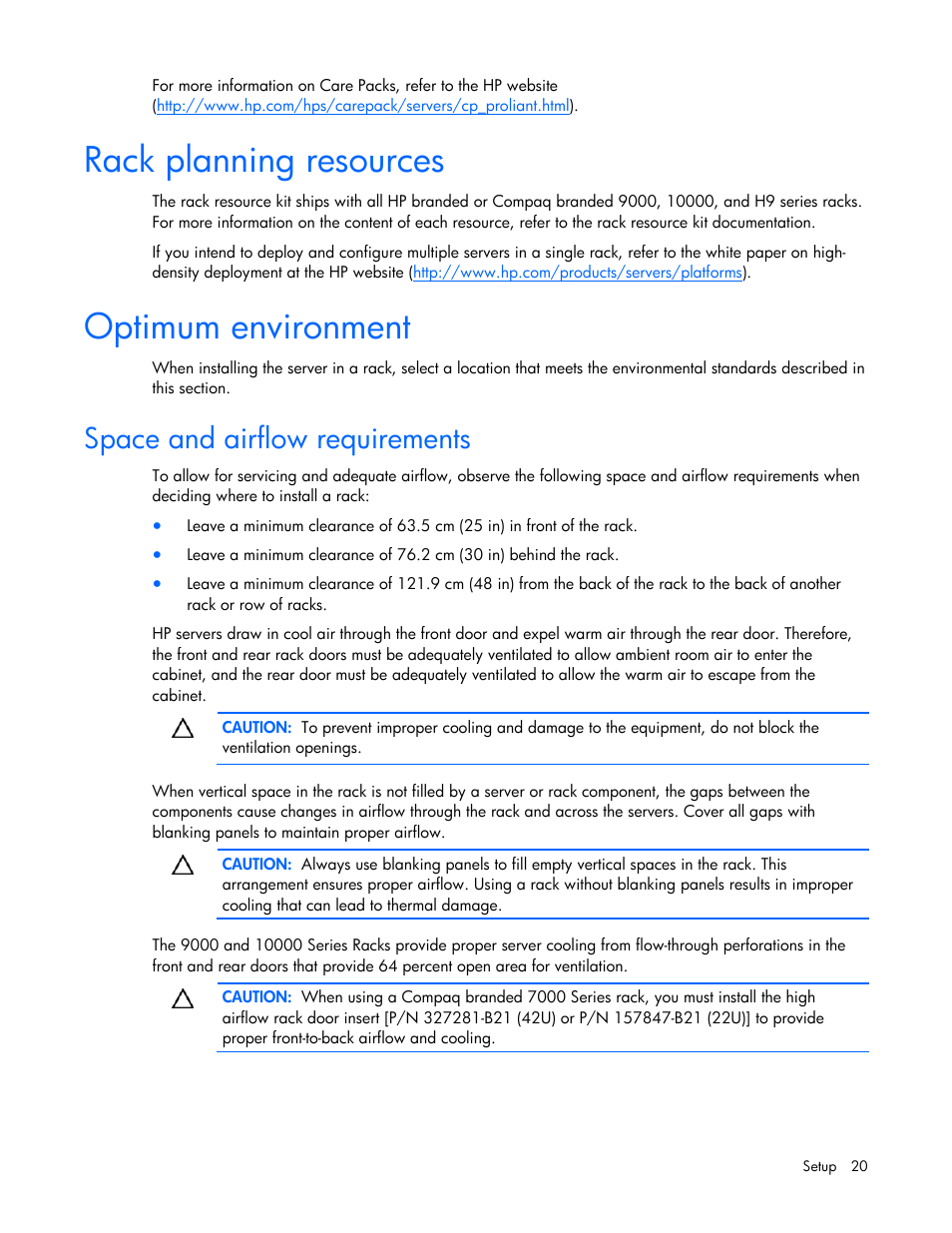 Rack planning resources, Optimum environment, Space and airflow requirements | 20 optimum environment | HP ProLiant DL320s Server User Manual | Page 20 / 100