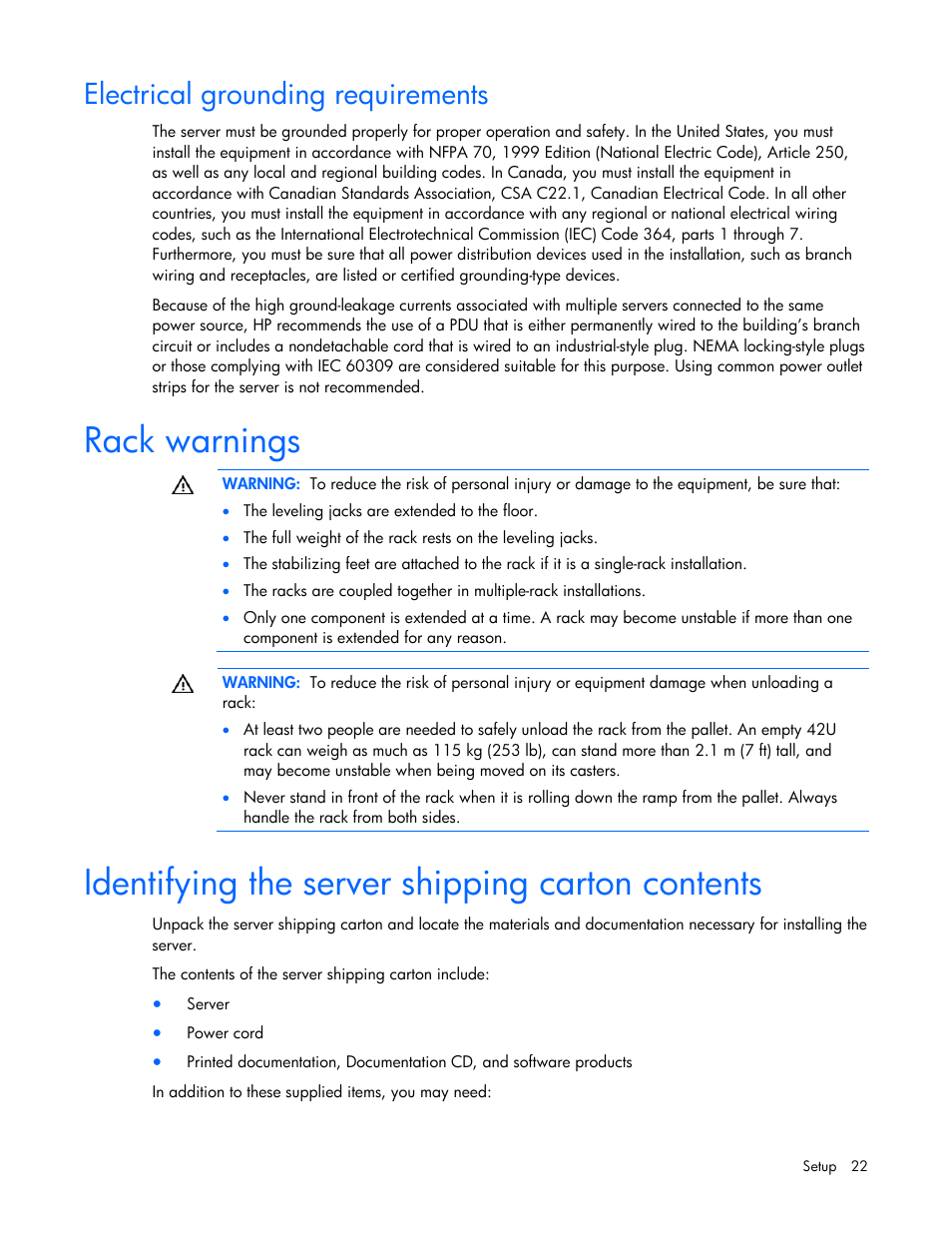 Electrical grounding requirements, Rack warnings, Identifying the server shipping carton contents | HP ProLiant DL320s Server User Manual | Page 22 / 100
