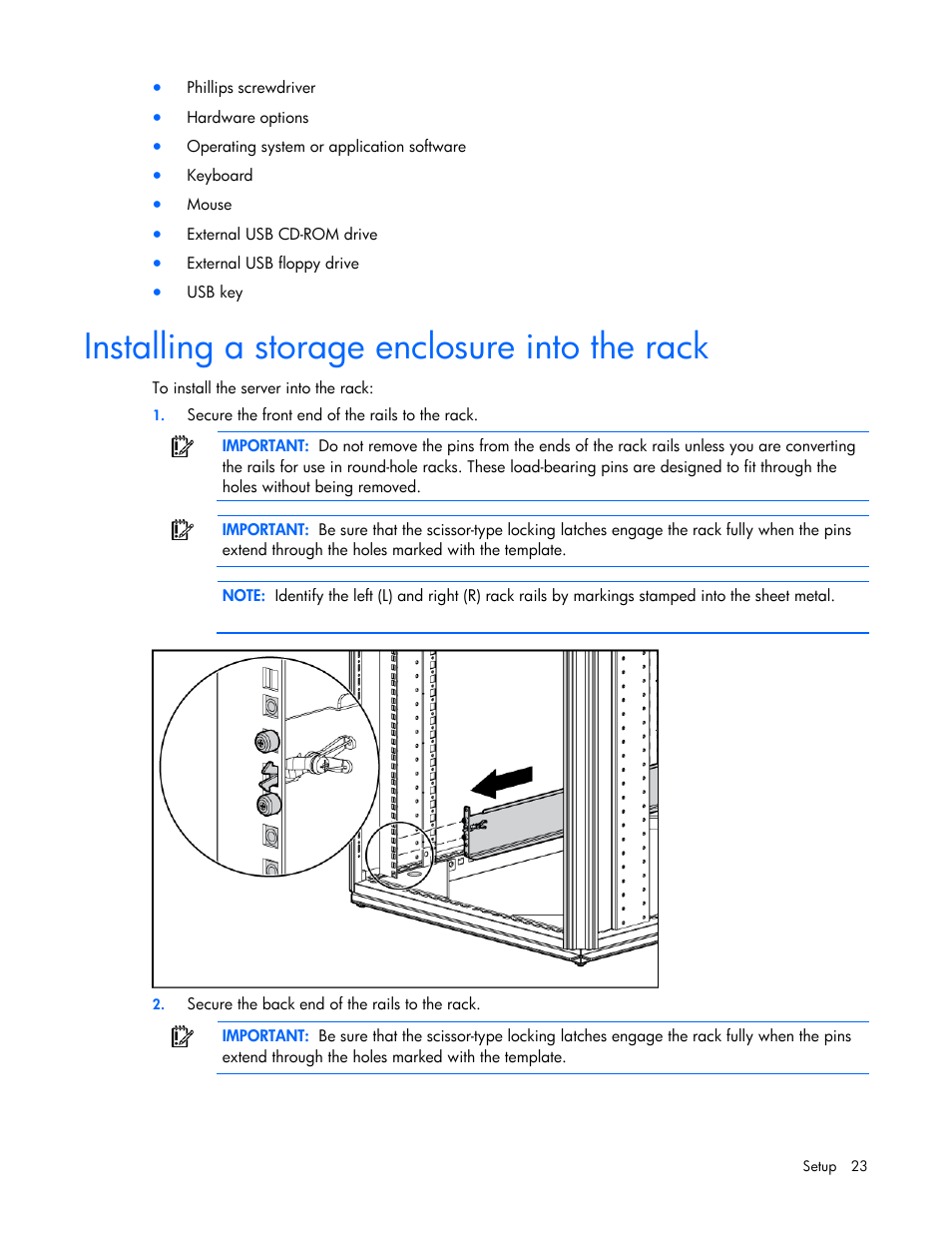 Installing a storage enclosure into the rack | HP ProLiant DL320s Server User Manual | Page 23 / 100