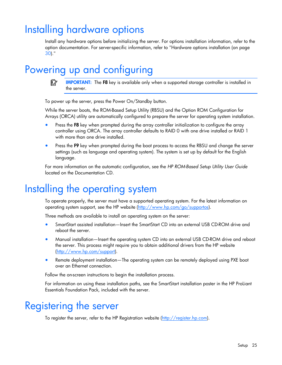 Installing hardware options, Powering up and configuring, Installing the operating system | Registering the server | HP ProLiant DL320s Server User Manual | Page 25 / 100