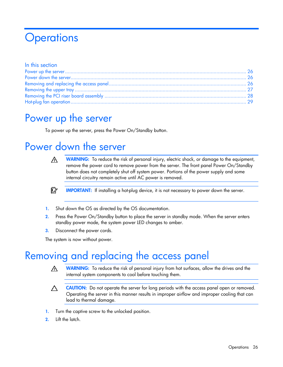 Operations, Power up the server, Power down the server | Removing and replacing the access panel | HP ProLiant DL320s Server User Manual | Page 26 / 100
