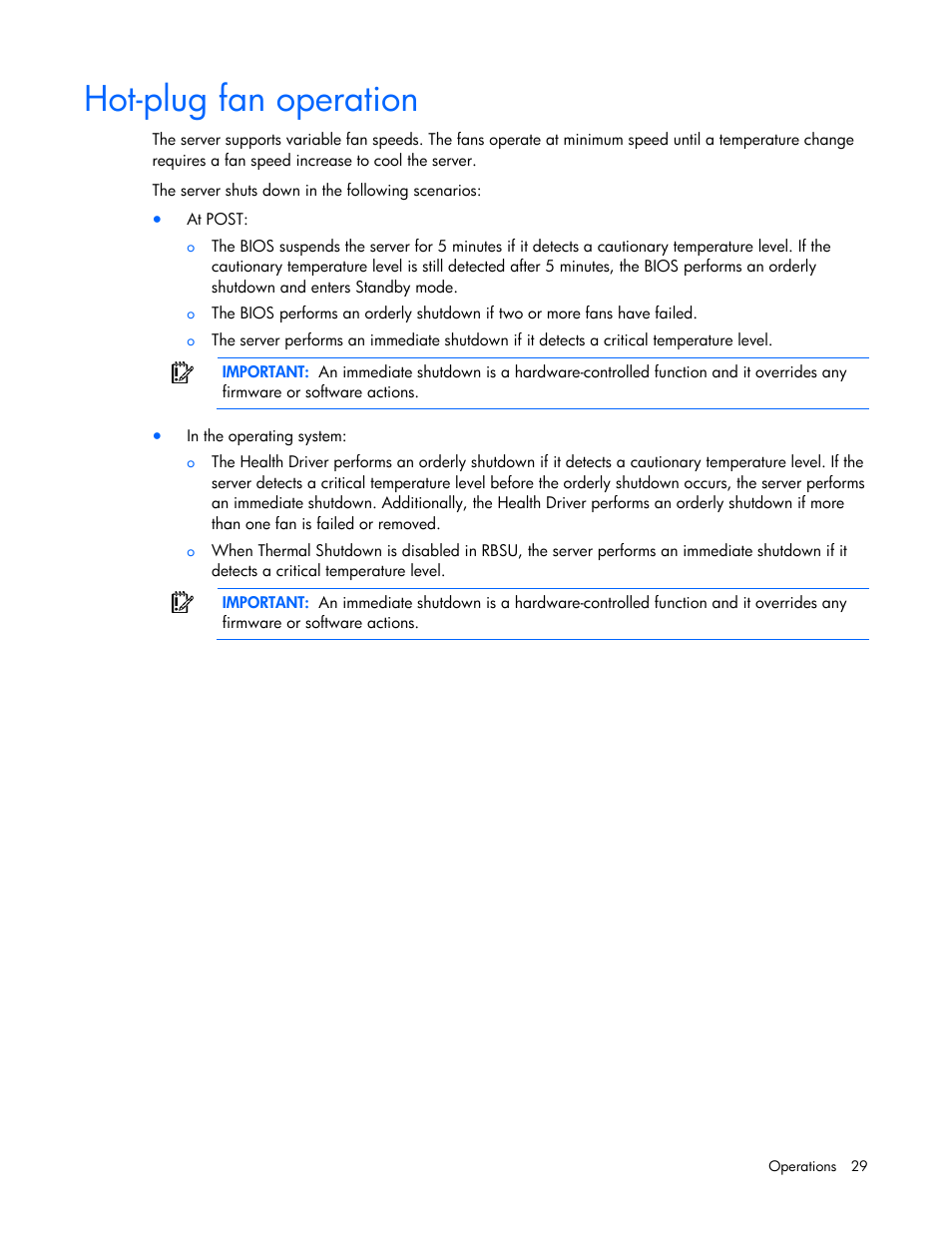 Hot-plug fan operation | HP ProLiant DL320s Server User Manual | Page 29 / 100