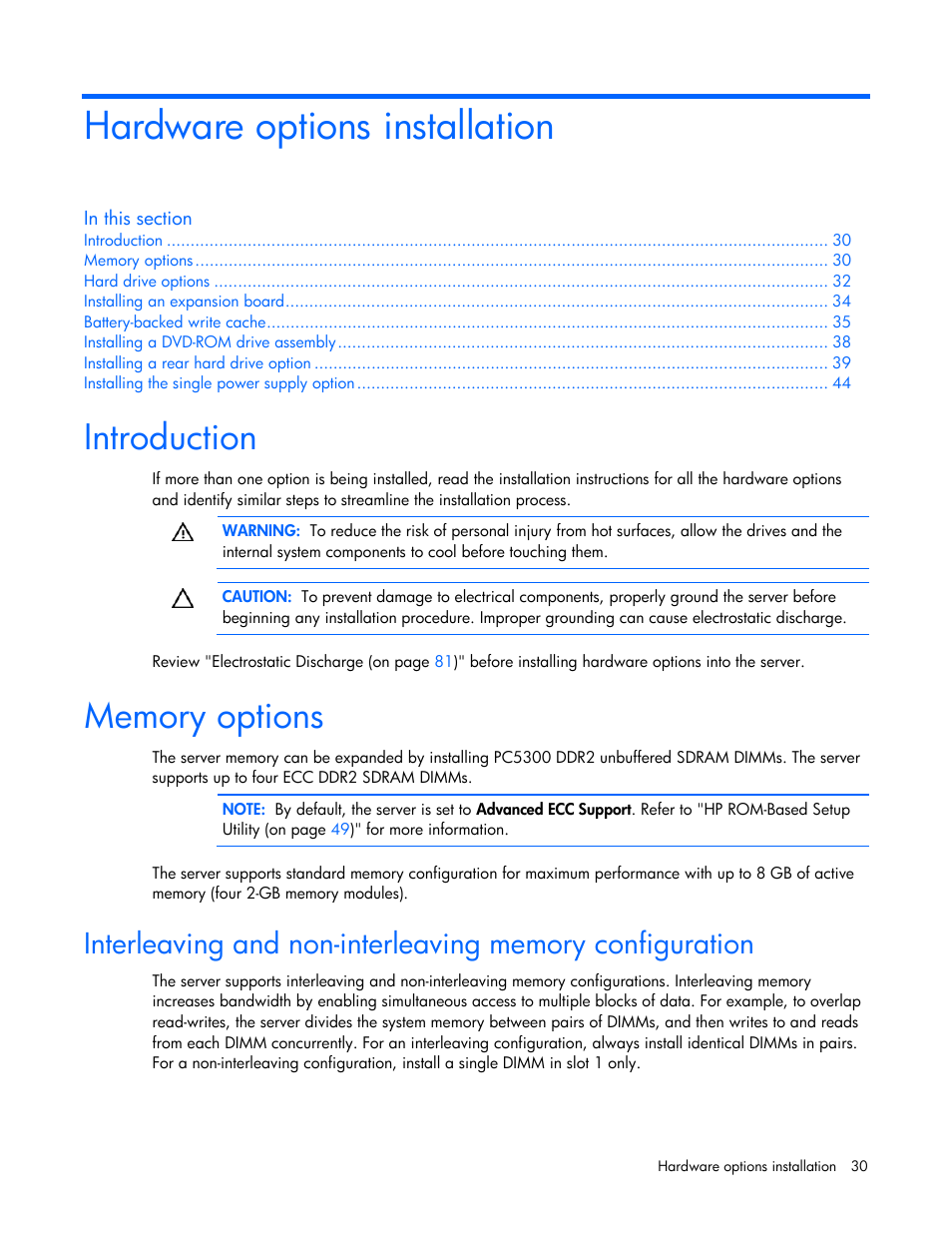 Hardware options installation, Introduction, Memory options | HP ProLiant DL320s Server User Manual | Page 30 / 100