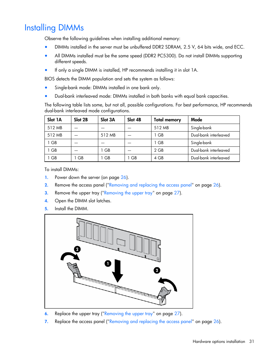 Installing dimms | HP ProLiant DL320s Server User Manual | Page 31 / 100