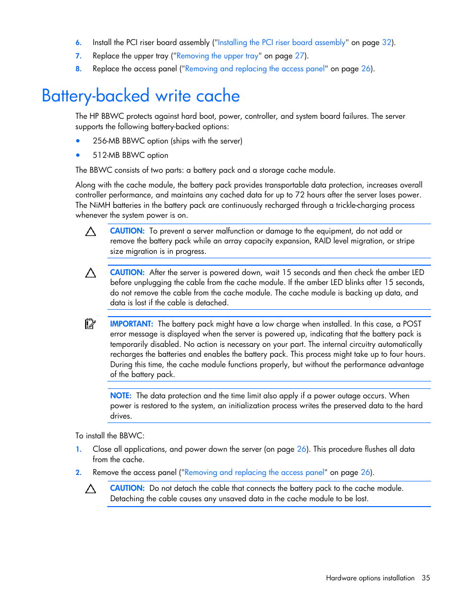 Battery-backed write cache | HP ProLiant DL320s Server User Manual | Page 35 / 100