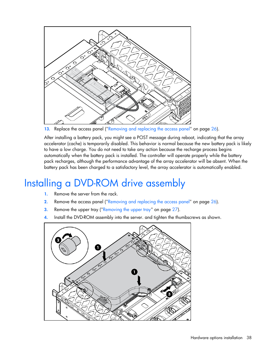 Installing a dvd-rom drive assembly | HP ProLiant DL320s Server User Manual | Page 38 / 100