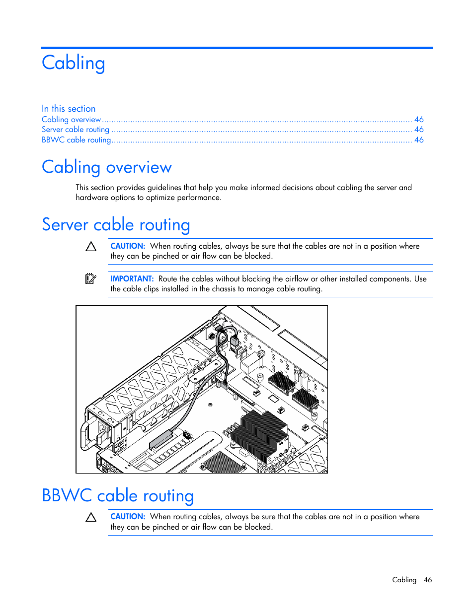 Cabling, Cabling overview, Server cable routing | Bbwc cable routing | HP ProLiant DL320s Server User Manual | Page 46 / 100