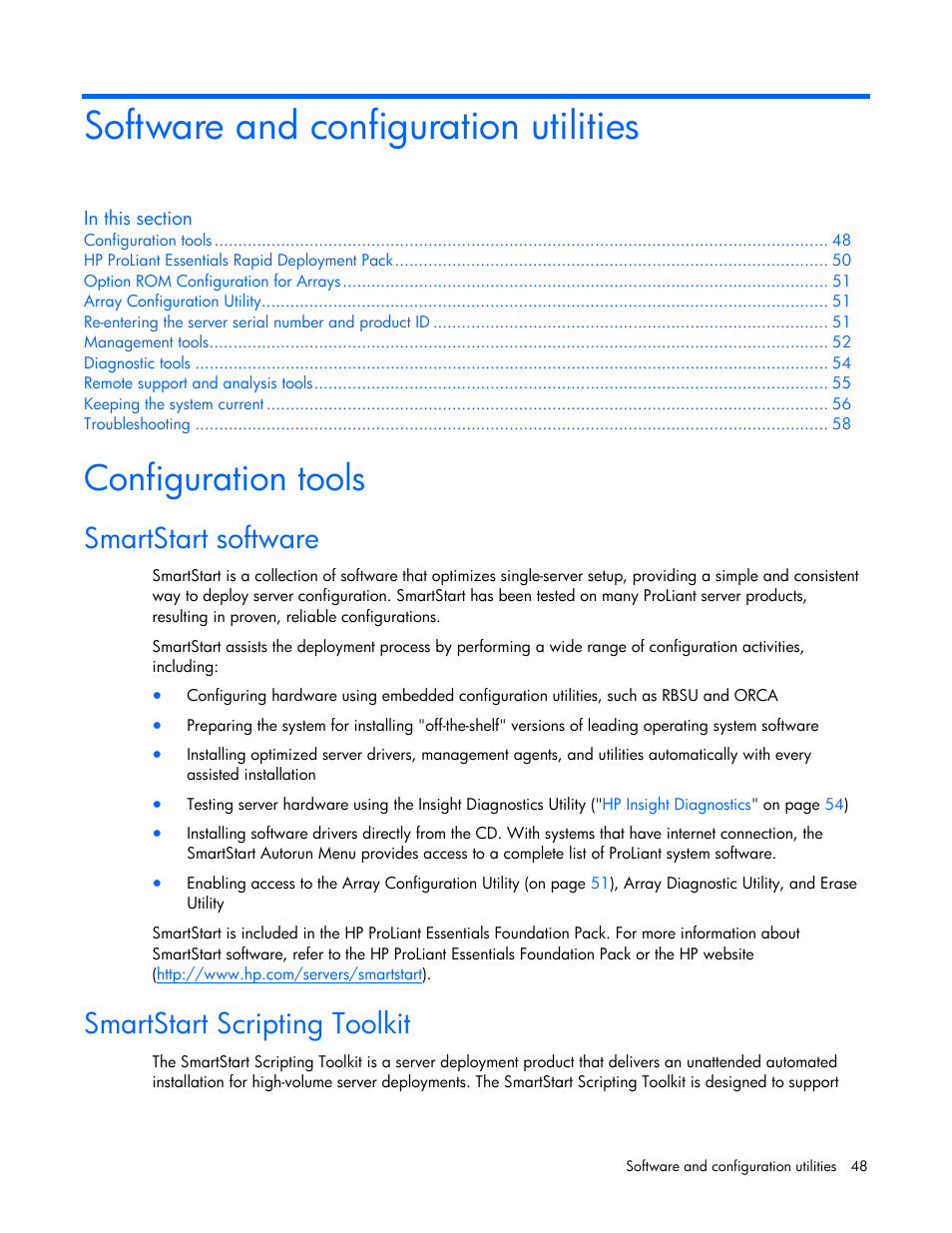 Software and configuration utilities, Configuration tools, Smartstart software | Smartstart scripting toolkit | HP ProLiant DL320s Server User Manual | Page 48 / 100