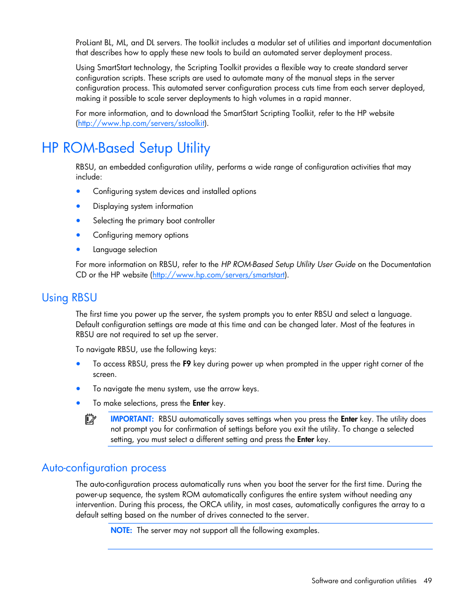 Hp rom-based setup utility, Using rbsu, Auto-configuration process | HP ProLiant DL320s Server User Manual | Page 49 / 100