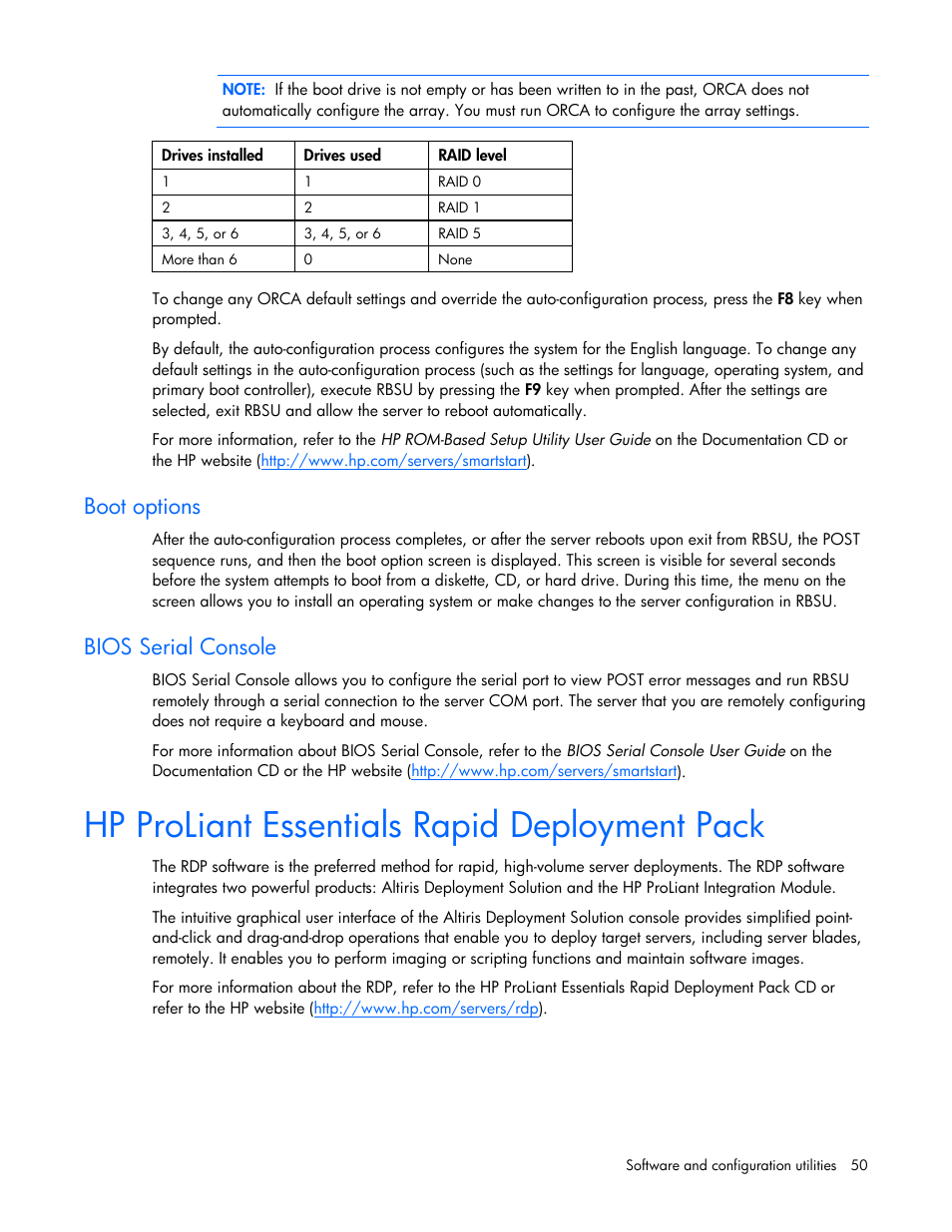 Boot options, Bios serial console, Hp proliant essentials rapid deployment pack | HP ProLiant DL320s Server User Manual | Page 50 / 100