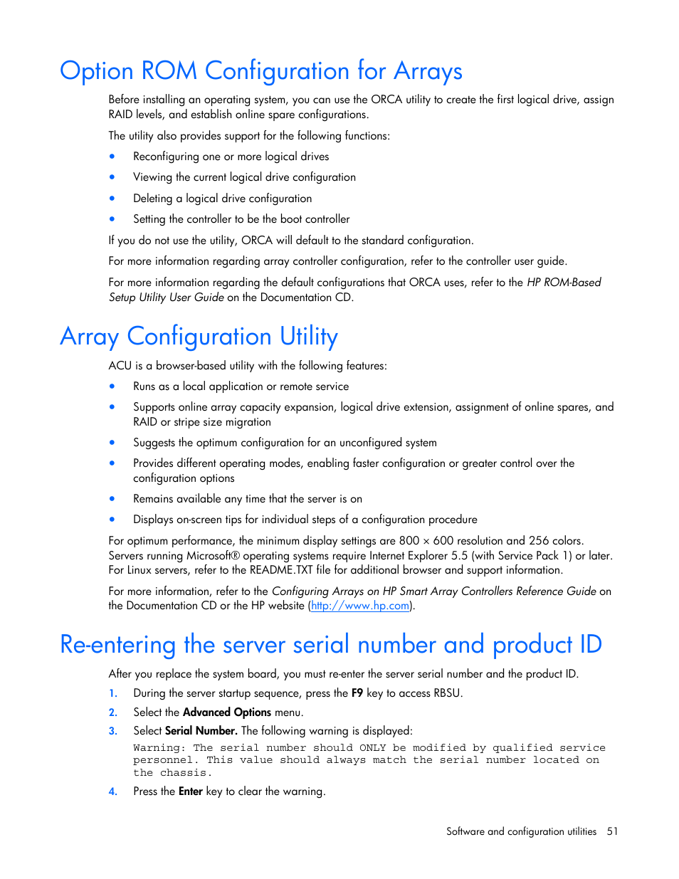 Option rom configuration for arrays, Array configuration utility, Array diagnostic utility, and e | HP ProLiant DL320s Server User Manual | Page 51 / 100