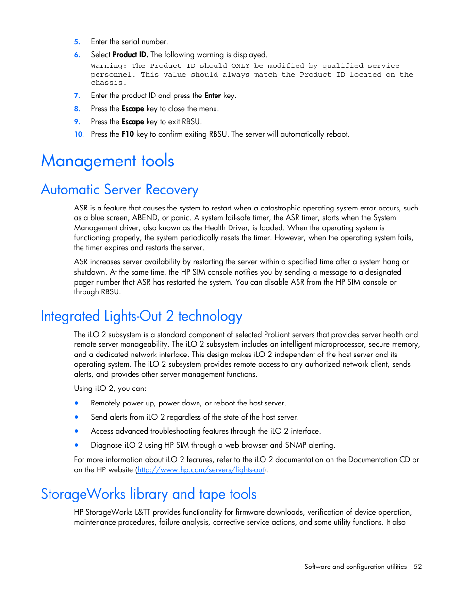 Management tools, Automatic server recovery, Integrated lights-out 2 technology | Storageworks library and tape tools | HP ProLiant DL320s Server User Manual | Page 52 / 100