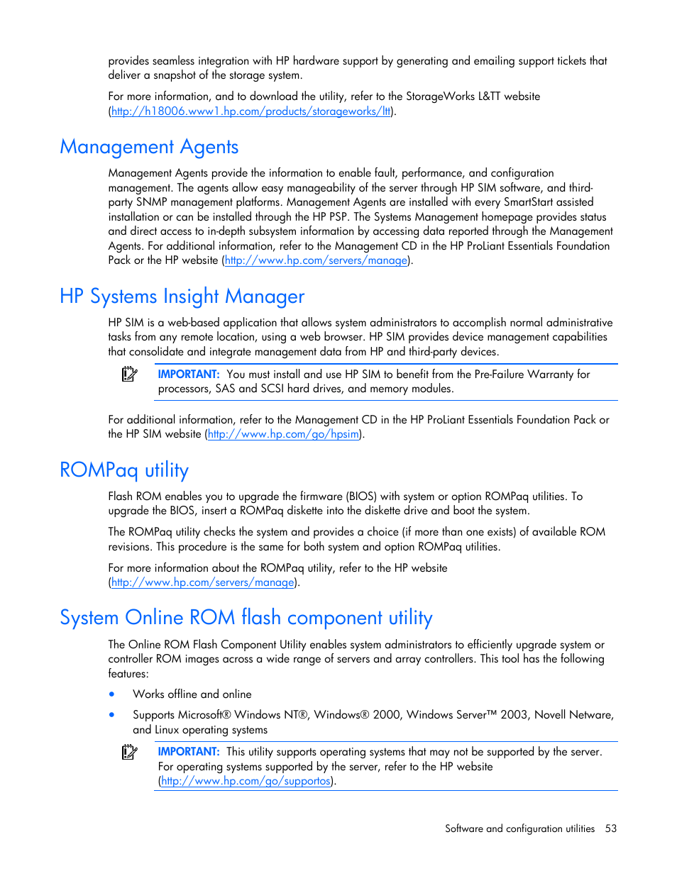 Management agents, Hp systems insight manager, Rompaq utility | System online rom flash component utility | HP ProLiant DL320s Server User Manual | Page 53 / 100