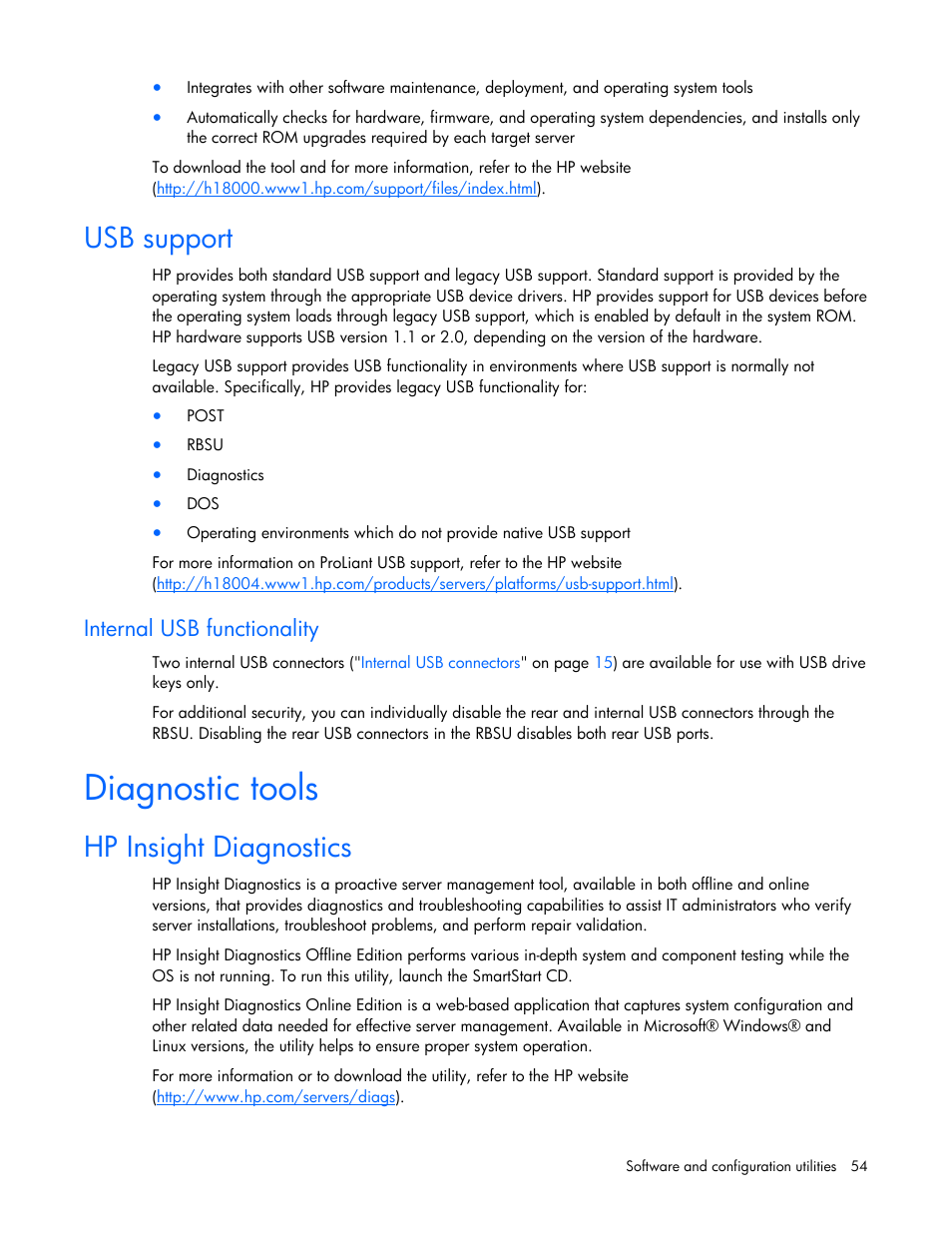 Usb support, Internal usb functionality, Diagnostic tools | Hp insight diagnostics | HP ProLiant DL320s Server User Manual | Page 54 / 100