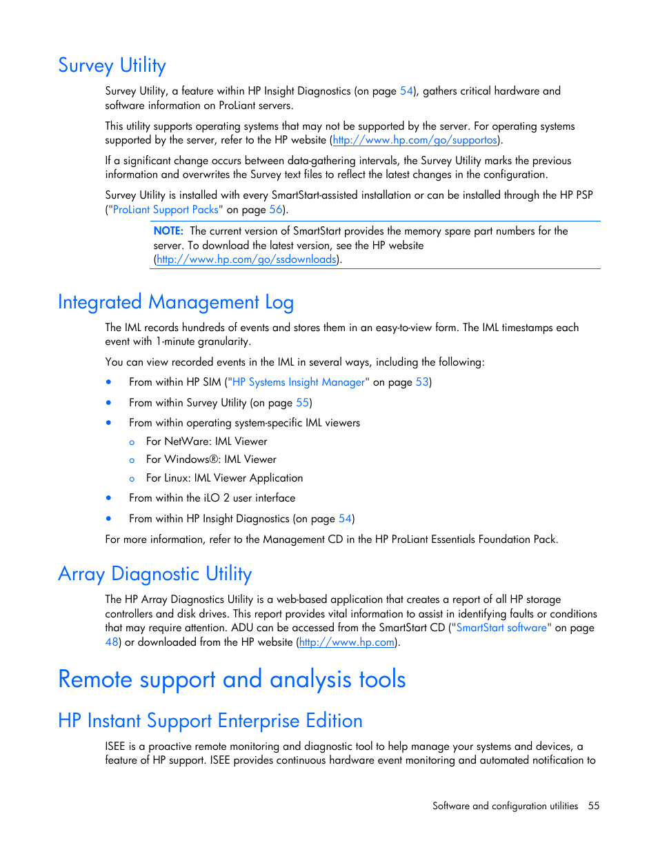 Survey utility, Integrated management log, Array diagnostic utility | Remote support and analysis tools, Hp instant support enterprise edition | HP ProLiant DL320s Server User Manual | Page 55 / 100
