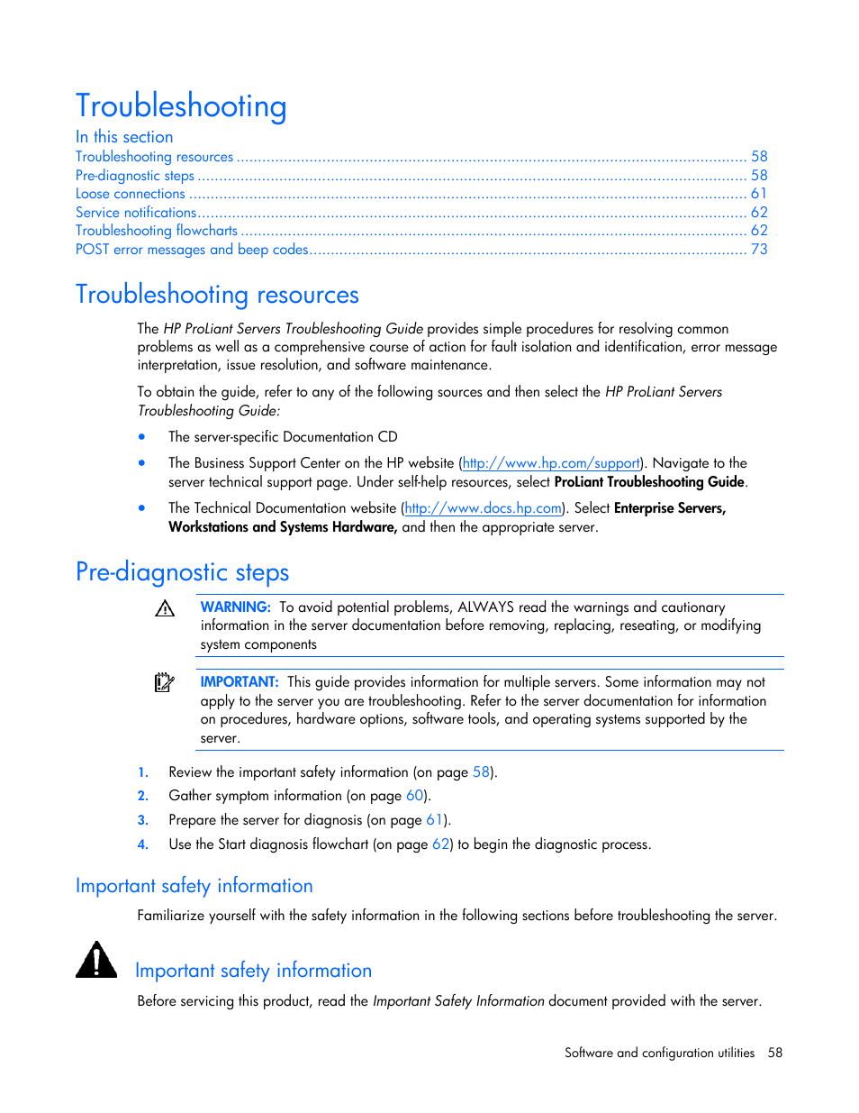 Troubleshooting, Troubleshooting resources, Pre-diagnostic steps | Important safety information | HP ProLiant DL320s Server User Manual | Page 58 / 100