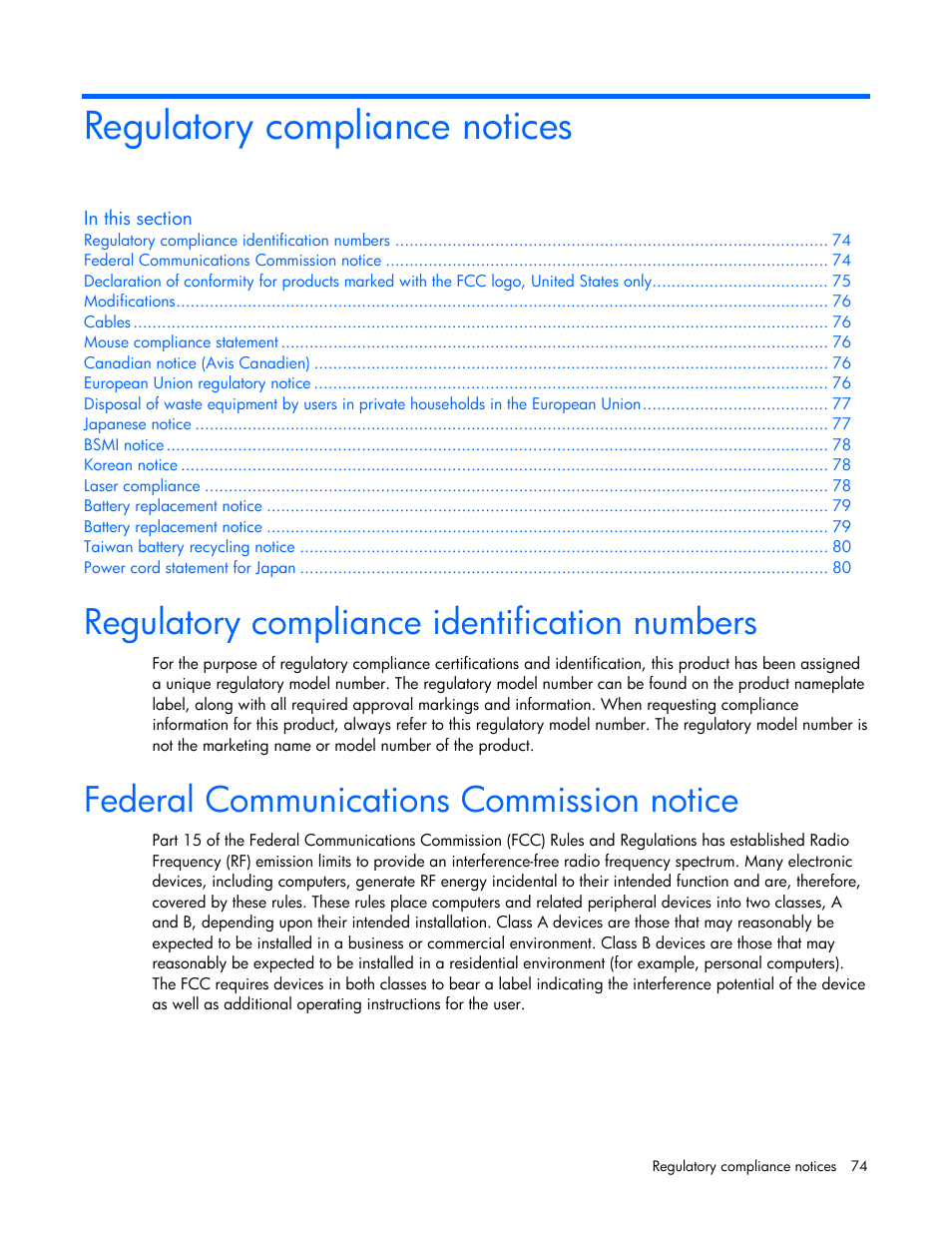 Regulatory compliance notices, Regulatory compliance identification numbers, Federal communications commission notice | HP ProLiant DL320s Server User Manual | Page 74 / 100