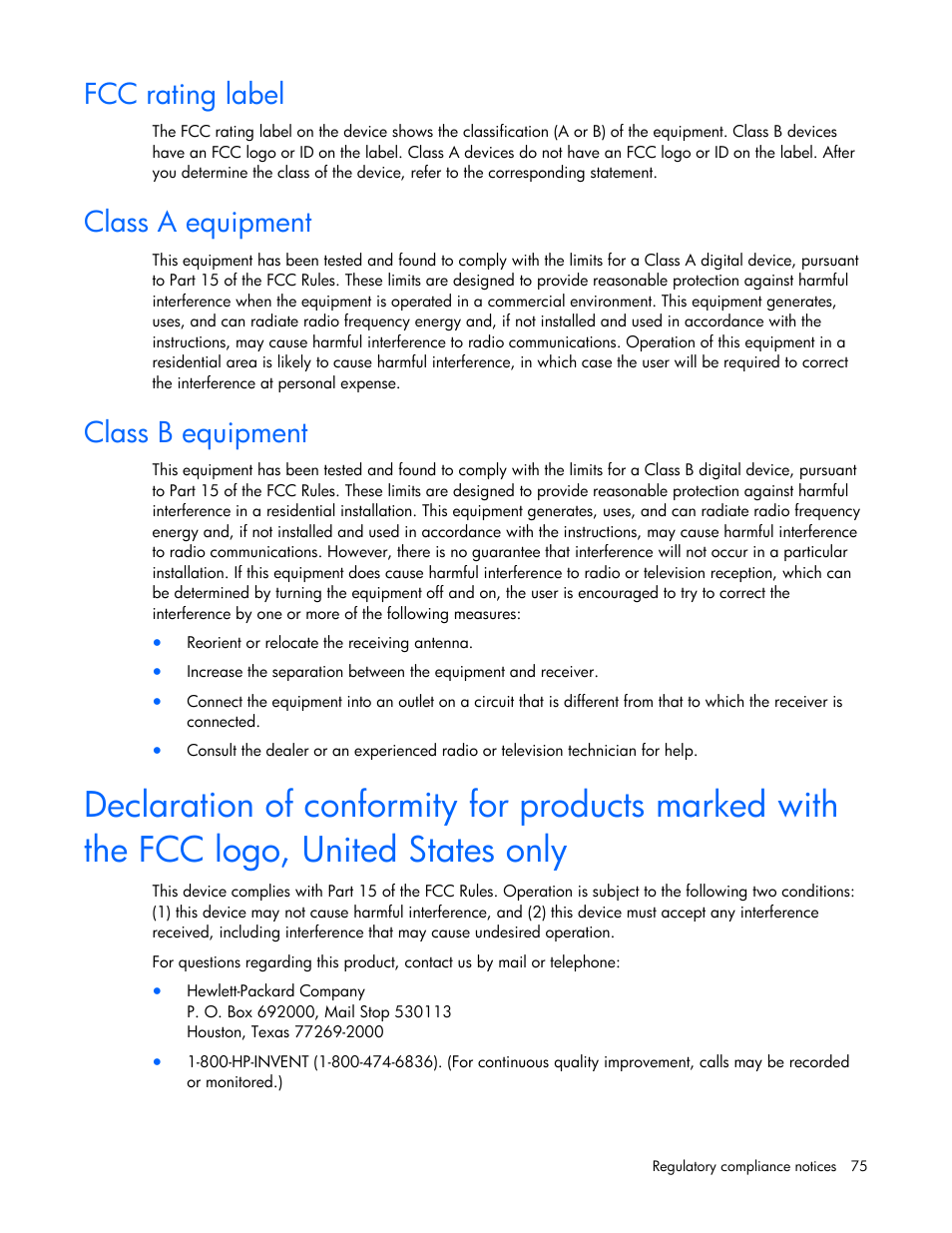 Fcc rating label, Class a equipment, Class b equipment | HP ProLiant DL320s Server User Manual | Page 75 / 100