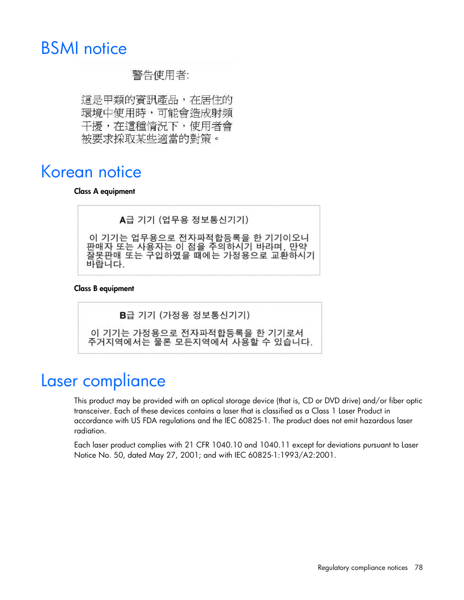 Bsmi notice, Korean notice, Laser compliance | 78 korean notice | HP ProLiant DL320s Server User Manual | Page 78 / 100