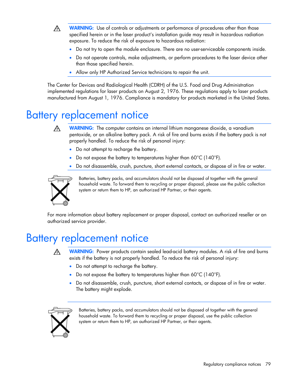 Battery replacement notice | HP ProLiant DL320s Server User Manual | Page 79 / 100
