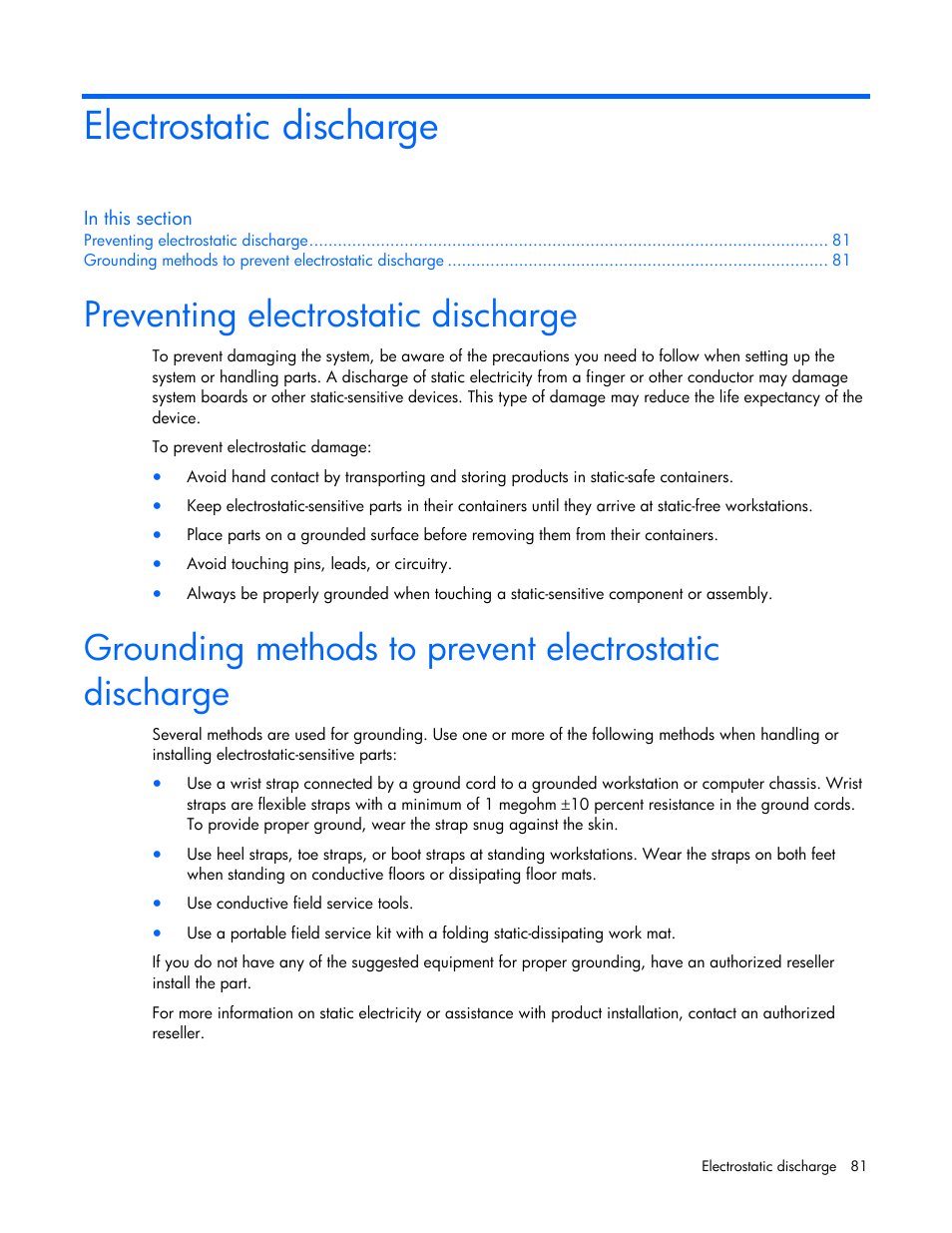 Electrostatic discharge, Preventing electrostatic discharge, Before installing hardwa | HP ProLiant DL320s Server User Manual | Page 81 / 100