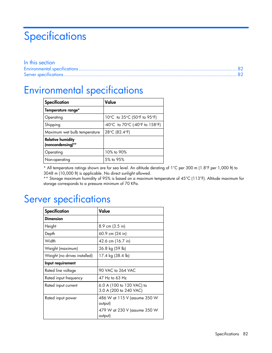 Specifications, Environmental specifications, Server specifications | HP ProLiant DL320s Server User Manual | Page 82 / 100