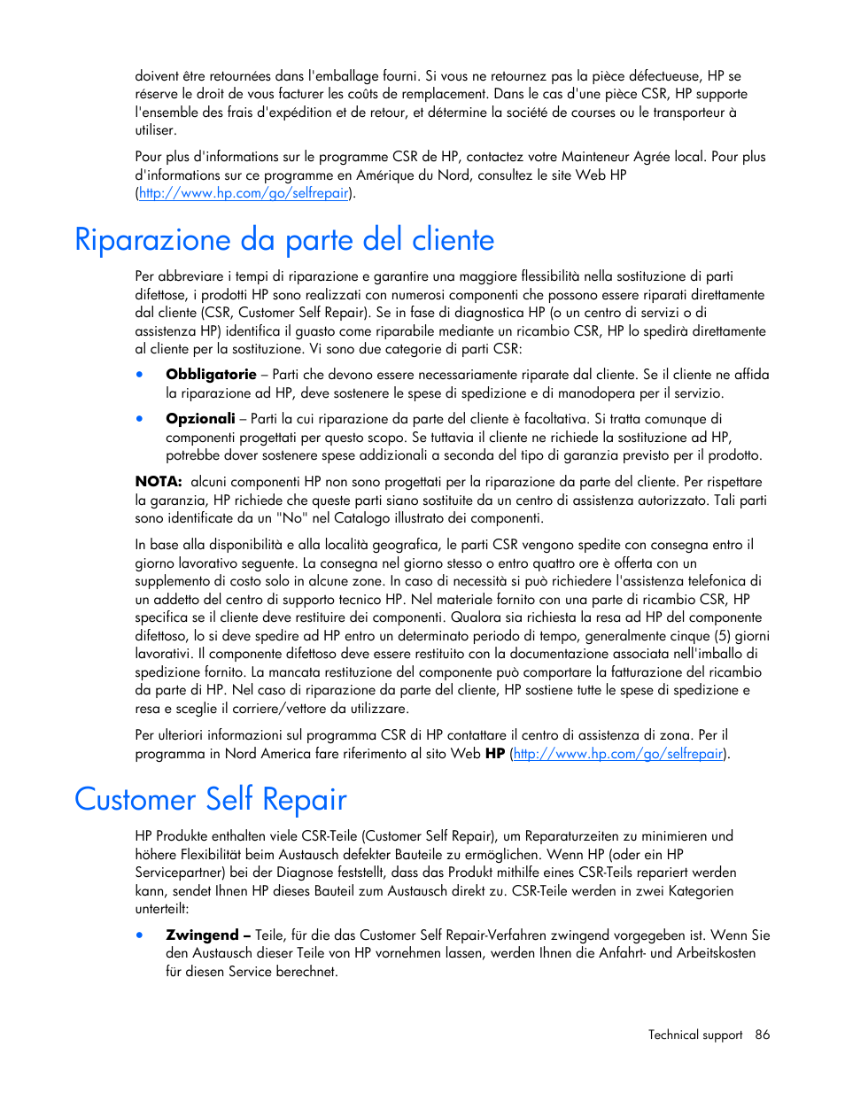 Riparazione da parte del cliente, Customer self repair | HP ProLiant DL320s Server User Manual | Page 86 / 100