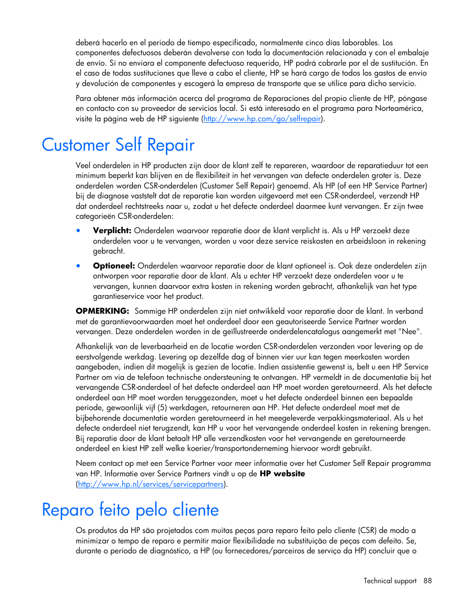 Customer self repair, Reparo feito pelo cliente | HP ProLiant DL320s Server User Manual | Page 88 / 100