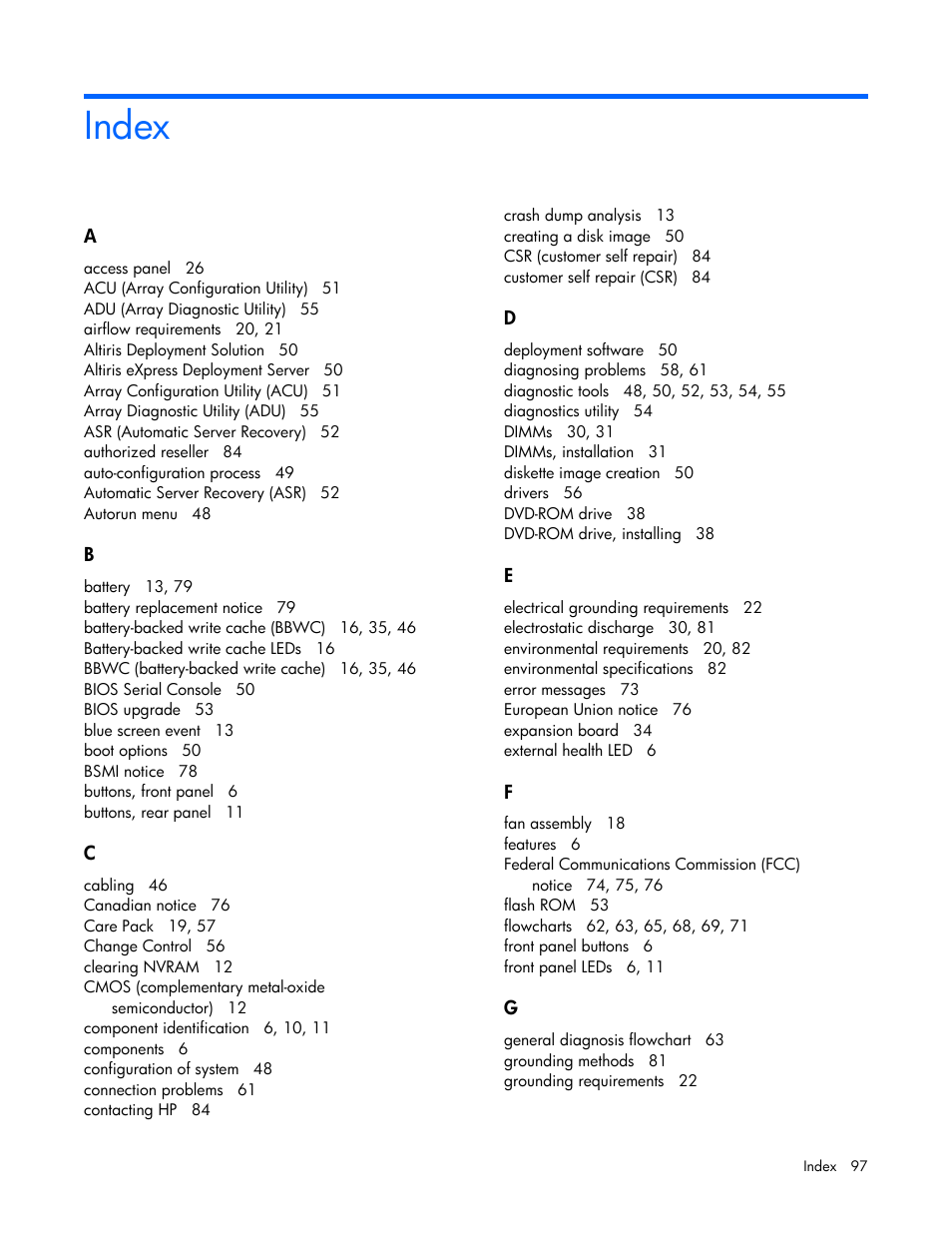 Index | HP ProLiant DL320s Server User Manual | Page 97 / 100