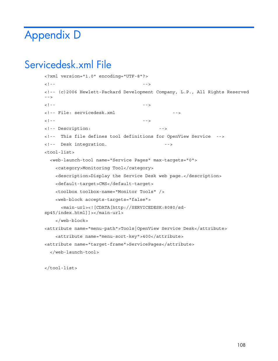 Appendix d, Servicedesk.xml file | HP Systems Insight Manager User Manual | Page 108 / 111