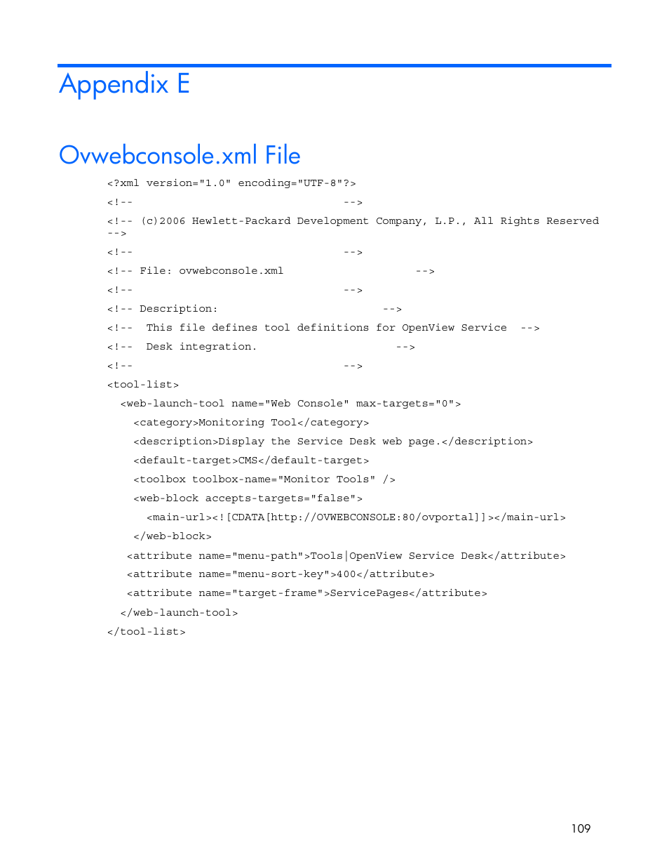 Appendix e, Ovwebconsole.xml file | HP Systems Insight Manager User Manual | Page 109 / 111