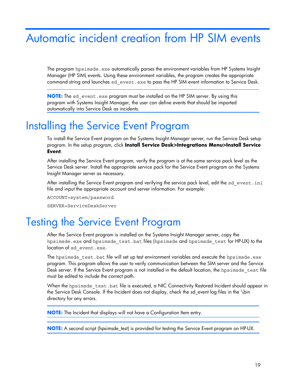 Automatic incident creation from hp sim events, Installing the service event program, Testing the service event program | HP Systems Insight Manager User Manual | Page 19 / 111