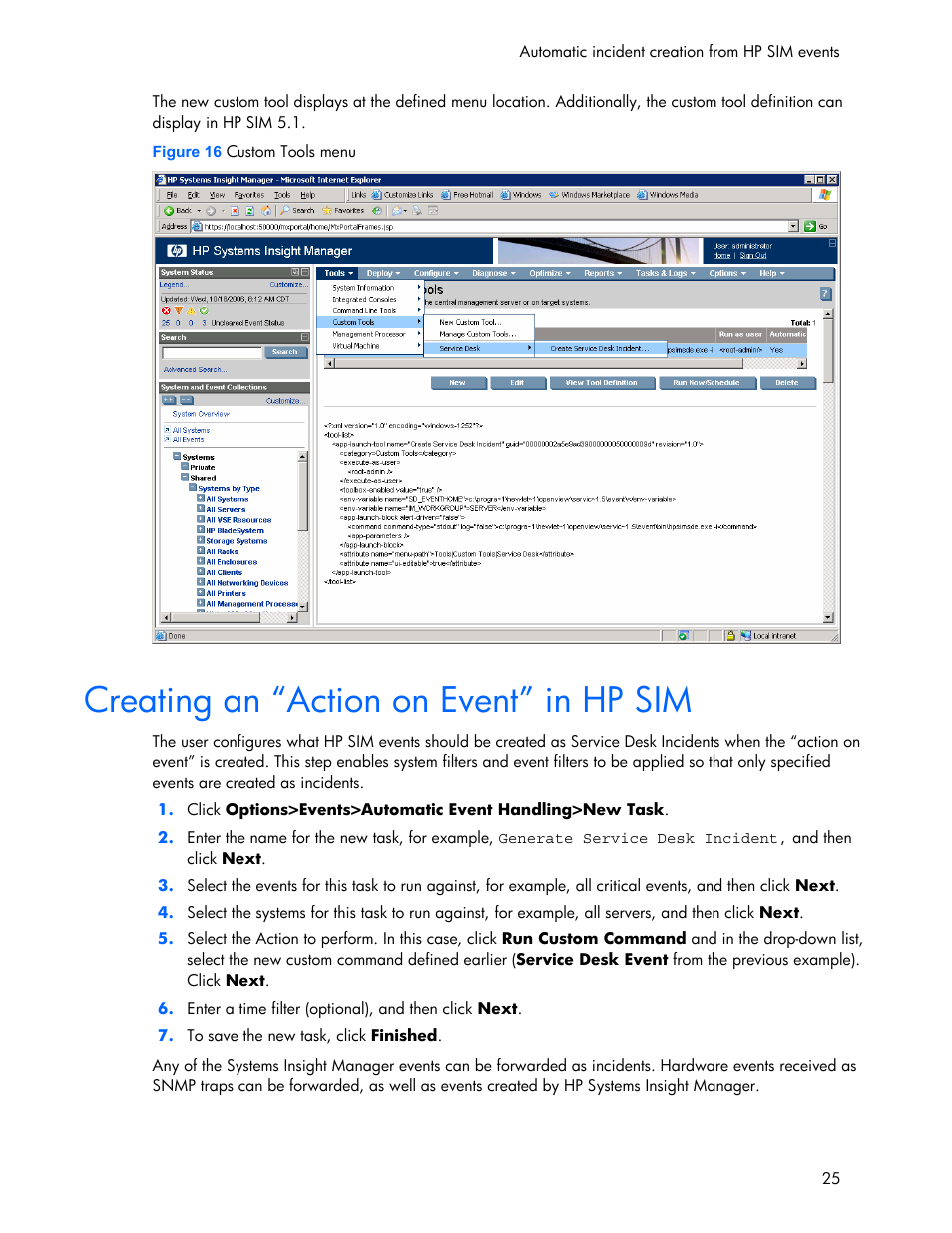 Creating an “action on event” in hp sim | HP Systems Insight Manager User Manual | Page 25 / 111