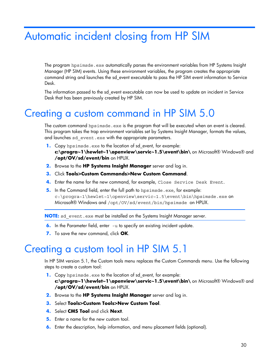 Automatic incident closing from hp sim, Creating a custom command in hp sim 5.0, Creating a custom tool in hp sim 5.1 | HP Systems Insight Manager User Manual | Page 30 / 111