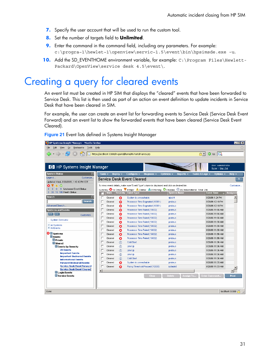 Creating a query for cleared events | HP Systems Insight Manager User Manual | Page 31 / 111