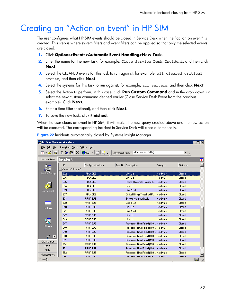 Creating an “action on event” in hp sim | HP Systems Insight Manager User Manual | Page 32 / 111