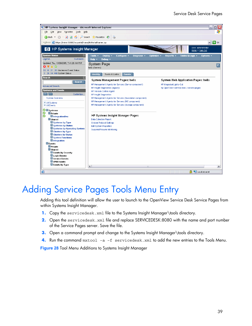 Adding service pages tools menu entry | HP Systems Insight Manager User Manual | Page 39 / 111